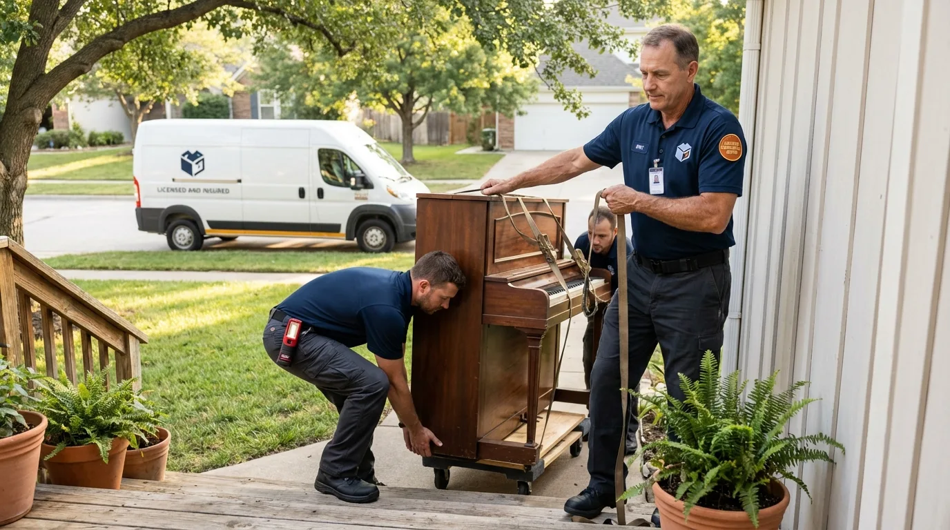 Licensed piano movers securing grand piano in Lawrenceburg, KY