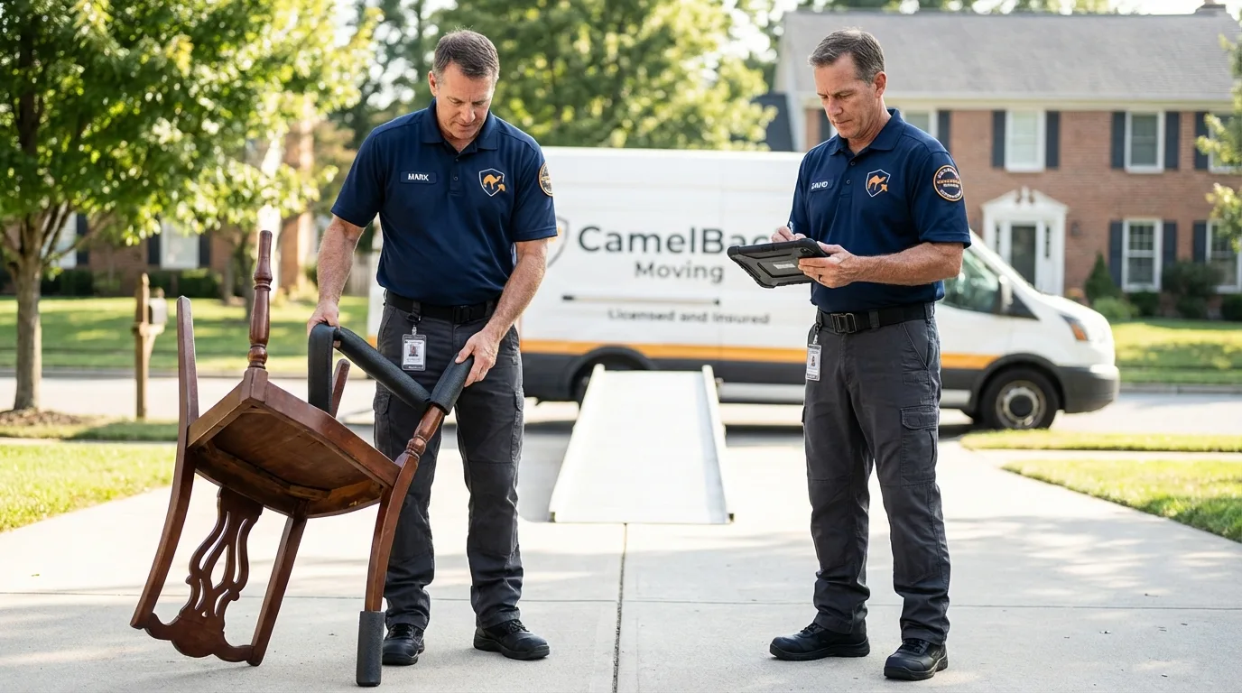 Movers inspecting furniture for damage prevention before loading in Lawrenceburg, KY