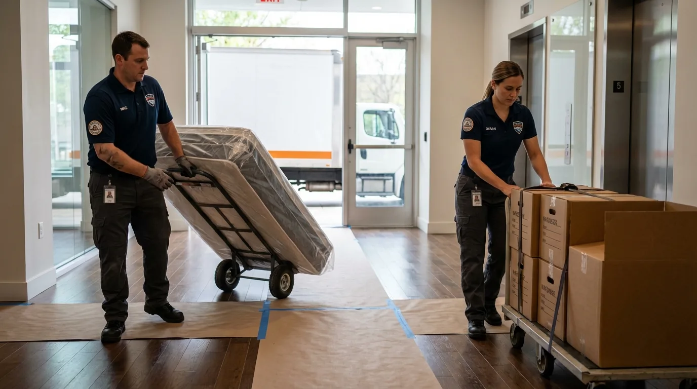 Professional apartment movers loading elevator in Lawrenceburg, KY